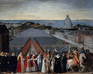 Procession de la confrérie parisienne des pélerins de Saint–Michel–du–Mont sur le Pont–Neuf. Actuel 1er arrondissement [1610–1620] by Anonymous