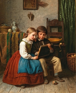 Kinder mit Schreibtafel by Karl Friedrich Boser [1809–1881]