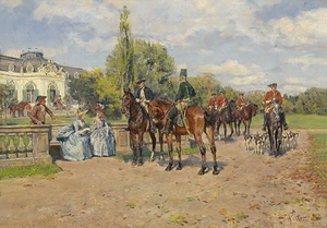 Jagdgesellschaft vor dem Schloss by Wilhelm Velten [1847–1929]