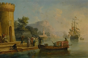 View of a Mediterranean port with a group of figures on the shore’s edge. A large ship beyond by Claude–Joseph Vernet [1714–1789]