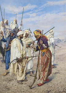 Bedouins preparing a raiding party [1895] by Giulio Rosati [1858–1917]