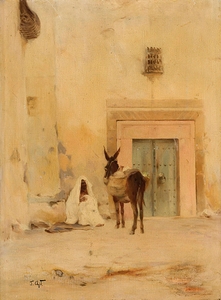 Arab and a donkey at the wall of a house by Tadeusz Ajdukiewicz [1852–1916]