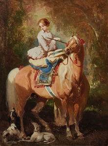 Amazone blonde regardant deux chiens et un cheval Alezan Clair by Alfred De Dreux [1810–1860]