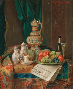 A Still Life with a Historicist Ewer. A Plate of Fruit and a Newspaper [1884] by Josef Mansfeld [1819–1894]