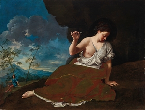 A Young Woman Holding a Flower Reclining in a Landscape a Young Man in the Distance Beyond by Donato Creti [1671–1749]