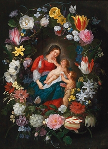 The Virgin and Child with the Infant Saint John the Baptist surrounded by a garland of flowers by Jan Brueghel the Younger [1601–1678]