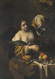 A Young Woman Pouring Red Wine From A Pitcher Into A Glass by Nicolas Regnier [1591–1667]
