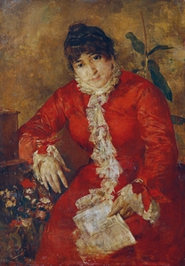 Frau im scharlachroten Kleid mit Zeitungsblatt und Ficus Frau im roten Kleid mit Zeitung [1884–1889] by Anton Romako [1832–1889]