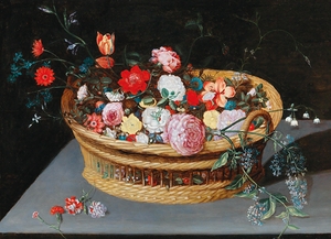 A basket with spring flowers on a stone table by Jan Brueghel the Younger [1601–1678]