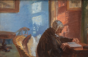 The Artist’s Mother Ane Hedvig Brøndum in the Red Room [1909] by Anna Ancher [1859–1935]