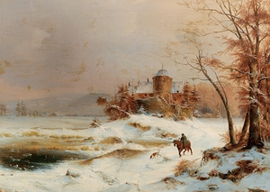 Riders in a vast winter landscape [1838] by Carl Hilgers [1818–1890]