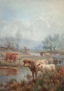 A Misty Morning Scotch Cattle by Louis Bosworth Hurt [1856–1929]