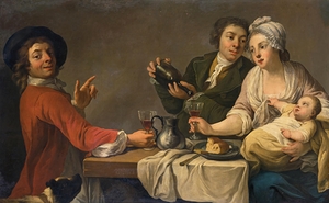 Two Young Men And A Woman Holding A Child Seated At A Table. Drinking Wine [18th Century] by French School [16th–20th Century]