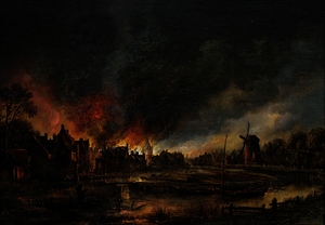 Fire in a village at night [1600s] by Aert van der Neer [1603–1677]