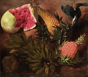 Still Life With Bananas. Passion Fruit. Pineapple. Brazilian Pineapple. Jenipapo Fruit. And A Point–Tailed Palmcreeper [circa 1820] by Brazilian School