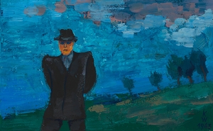Ohne Titel [Mann mit schwarzem Anzug und Hut in Landschaft] [1943] by Karl Wiener [1901–1949]