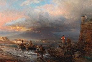 The Bay of Naples with Vesuvius in the background by Oswald Achenbach [1827–1905]