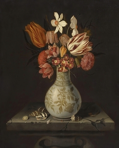 Still Life With Tulips. Crocuses. Primroses And Other Flowers In A Vase On A Stone Plinth With Shells by Jan Baptist van Fornenburgh [1585–1650]