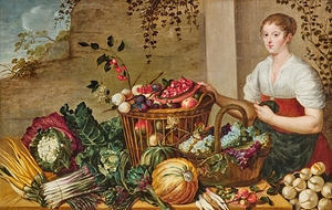 A Young Woman Next To A Table With Fruit In Baskets And Vegetables [17th Century] by Flemish School [16th–20th Century]