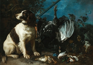 Still Life With Hunting Trophies And A Young Dog by Franz Werner von Tamm [1658–1724]