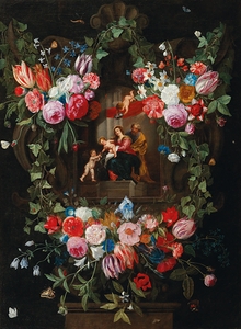 A wreath of flowers surrounding a cartouche with the Holy Family and putti by Jan Van Kessel The Elder [1626–1679]