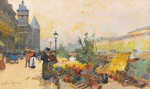 Le Marché Des Fleurs À La Cité by Eugène Galien–Laloue [1854–1941]