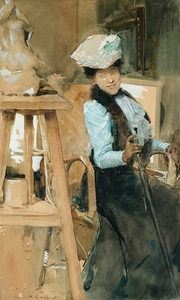 Elegant lady in a sculptor’s studio by Antoine Calbet [1860–1944]