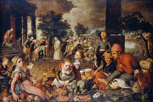 Market Scene with Christ and the Adulteress [1559] by Pieter Aertsen [1508–1575]