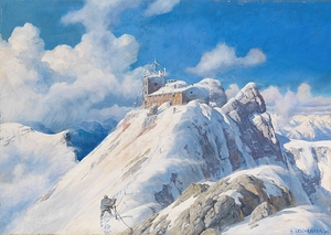 Der Zugspitzgipfel mit Wetterwarte und Münchner Haus [Ca. 1900–1920] by Rudolf Reschreiter [1868–1939]