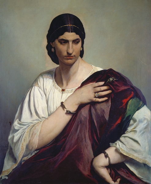 Lucrezia Borgia. Portrait of a Roman woman in white tunic and red robe [ca. 1862–1866] by Anselm Feuerbach [1829–1880] Print