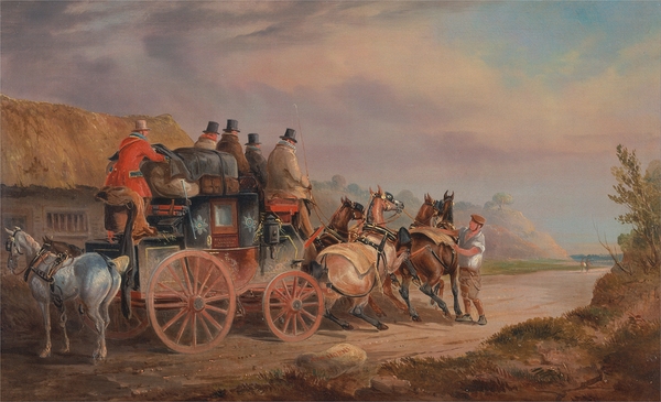 Mail Coaches on the Road– the Quicksilver’ Devonport–London Royal Mail about to Start with a new Te… by Charles Cooper Henderson [1803–1877] Print