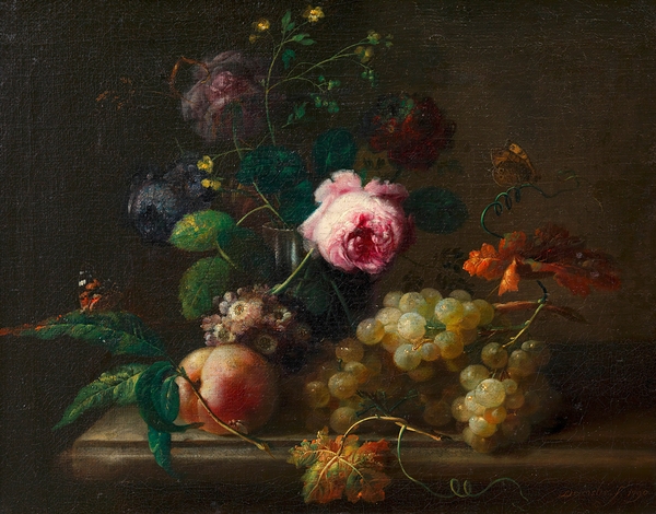 Blumenstillleben mit Früchten [1790] by Johann Baptist Drechsler [1756–1811] Print