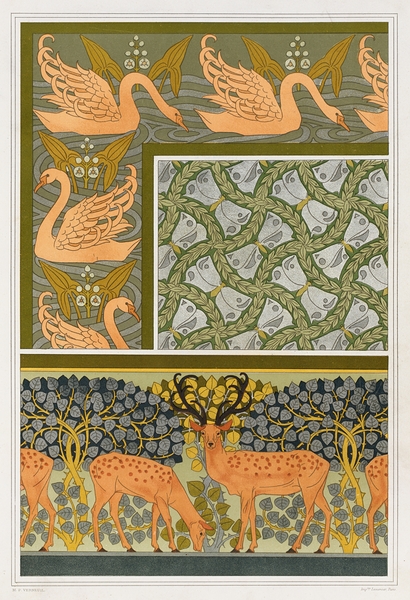 Cygnes et sagittaire. Bordure. Pappillons et feuillages. étoffe. Cerfs et biches. Frise. [1897] by Maurice Pillard Verneuil [1869–1942] Print