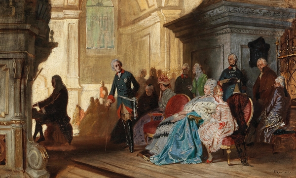 Johann Sebastian Bach at the Organ in Sanssouci in the Presence of Frederick the Great and the Royal Family on 7 May 1747 by Hermann von Kaulbach [1846–1909] Print