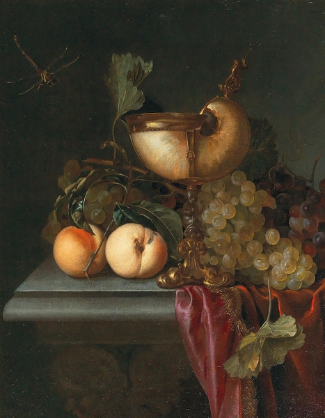 Still life with a Nautilus cup. Grapes and peaches by Abraham de Lust [active c. 1650–after 1659] Print