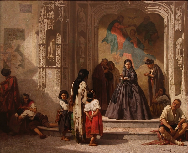 Jeune femme faisant la charité à l’entrée de la chapelle de l’hôpital San Sebastian à Cordoue [1863] by Léon Bonnat [1833–1922] Print