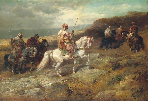 Arab Warriors On A Rocky Hillside by Adolf Schreyer [1828–1899] Print