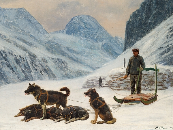 En grønlænder holder hvil ved sin hundeslæde [1893] by Carl Rasmussen [1841–1893] Print