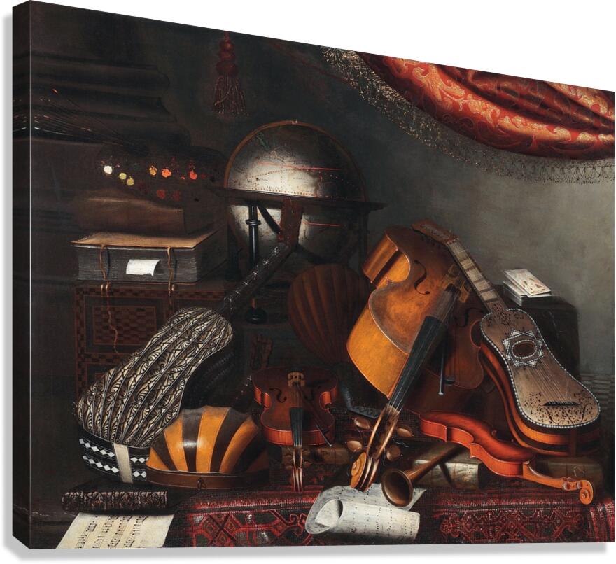 Still Life With Musical Instruments. Books And Playing Cards by Bartolomeo Bettera [1639–c. 1688] Canvas Print