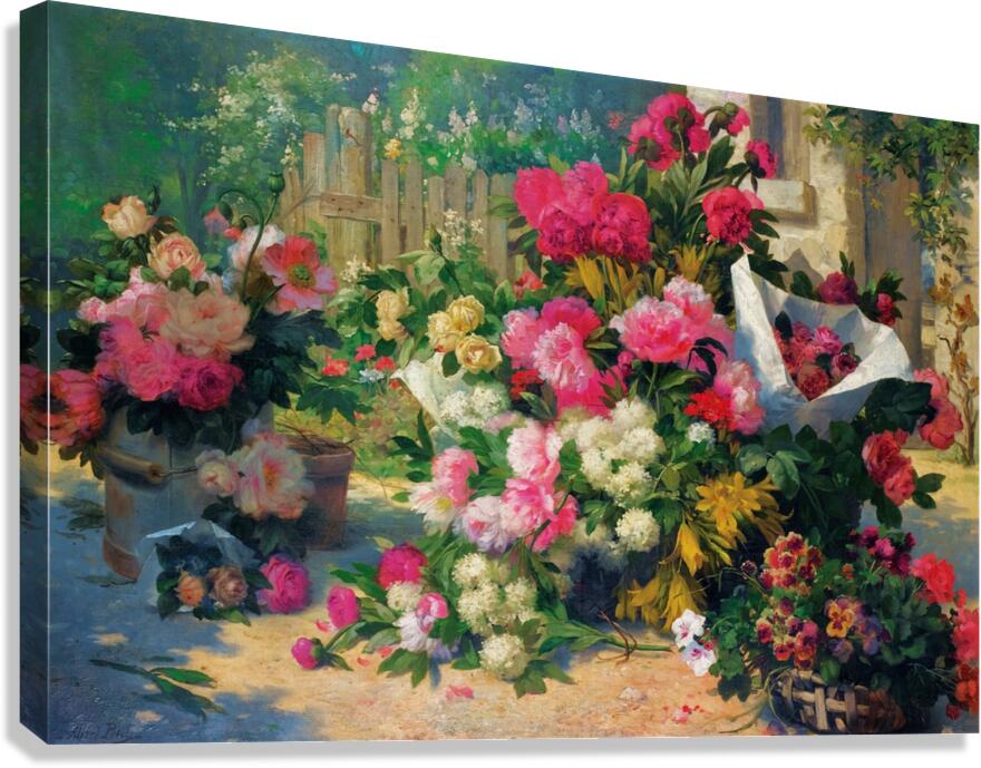 Flower Baskets And Flower Pots In A Garden [1887] by Alfred Petit [–1895] Canvas Print
