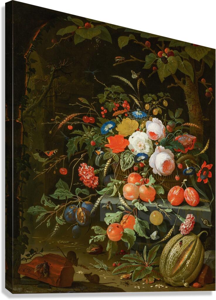 Flowers and Fruit by Abraham Mignon [1640–1679] Canvas Print