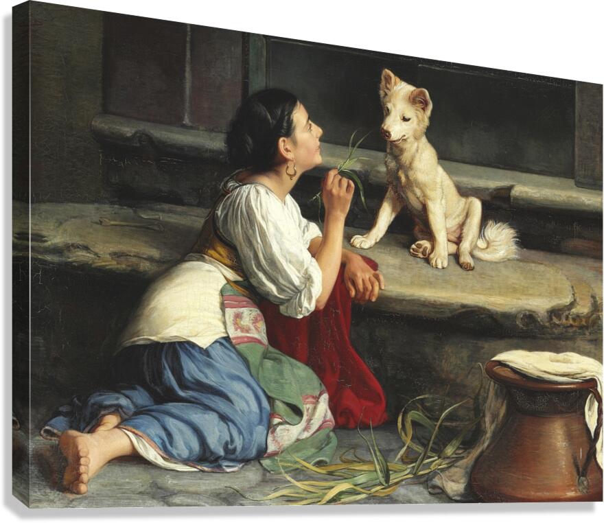 Ung Italienerinde. Der leger med en Hund [1872] by Axel Helsted [1847–1907] Canvas Print