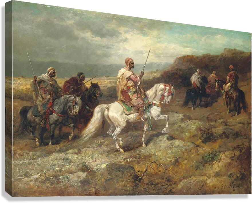 Arab Warriors On A Rocky Hillside by Adolf Schreyer [1828–1899] Canvas Print
