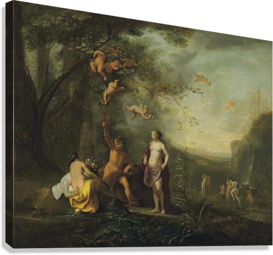 Bacchus. Venus and Ceres under a grapevine in a pastoral landscape with putti. Nymphs and satyrs [1640] by Cornelis Van Poelenburch [1594–95–1667] Canvas Print