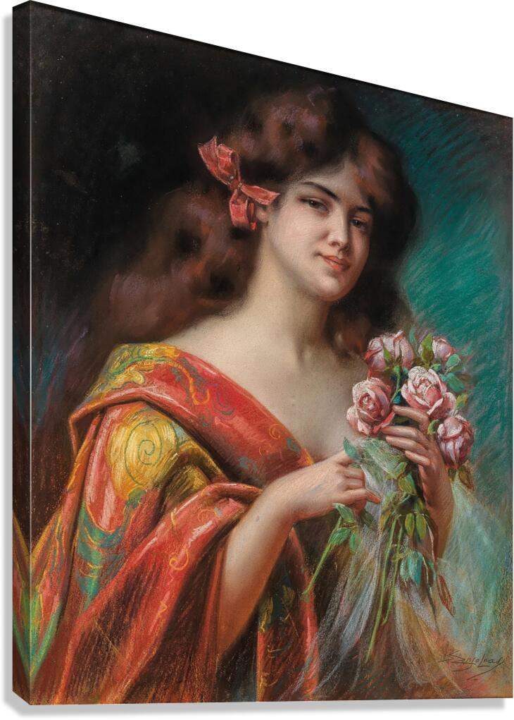 Portrait of a Lady in a Negligee. Holding Roses by Delphin Enjolras [1857–1945] Canvas Print