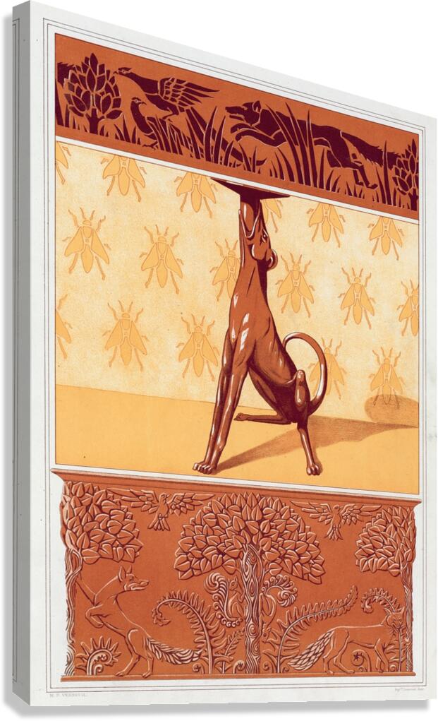 Faisans et renard. Frise cuivre découpé. Chien. Chandelier. Abeilles. Semis. Renards. écureuils et oiseaux. Jardiniere cuivre repoussé [1897] by Maurice Pillard Verneuil [1869–1942] Canvas Print