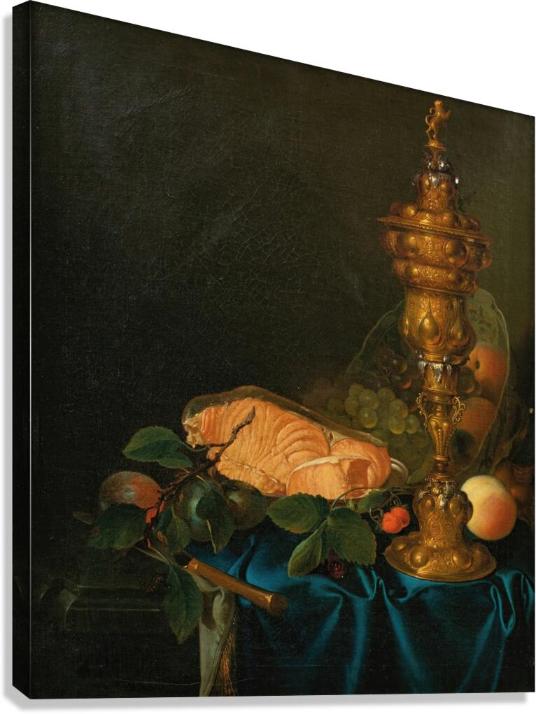 Still life with a cup. A salmon and fruits [1755] by Justus Juncker [1703–1767] Canvas Print