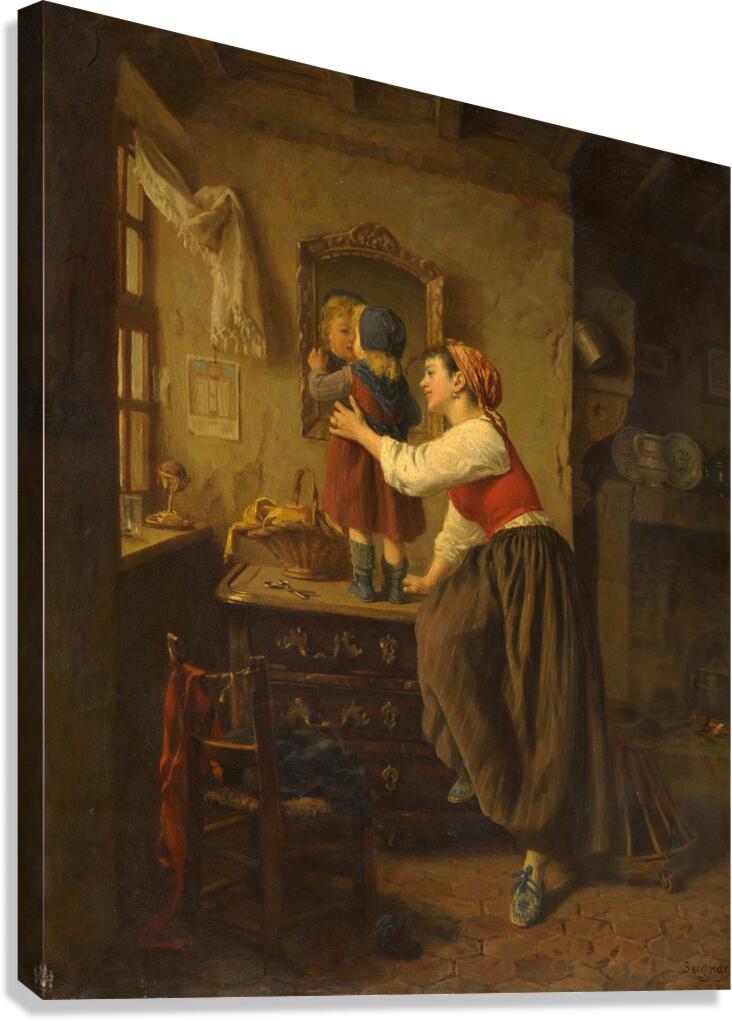 Woman And Child Before A Mirror [1870s] by Paul Seignac [1826–1904] Canvas Print