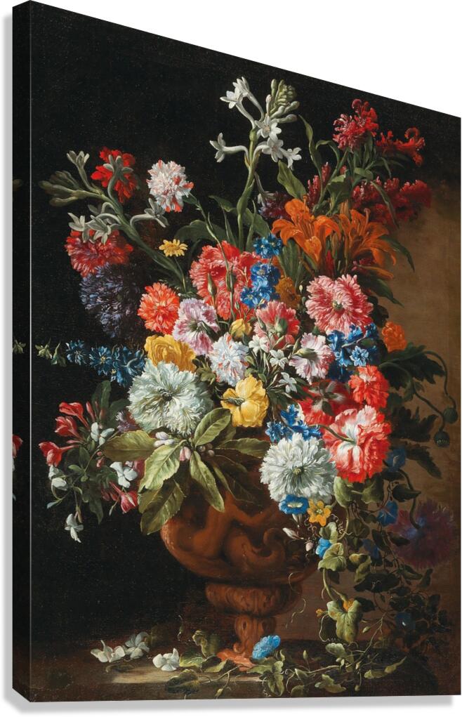 Carnations. Lillies. Nigellas and other flowers in a decorative terracotta vase on a stone ledge by Abraham Brueghel [1631–1697] Canvas Print