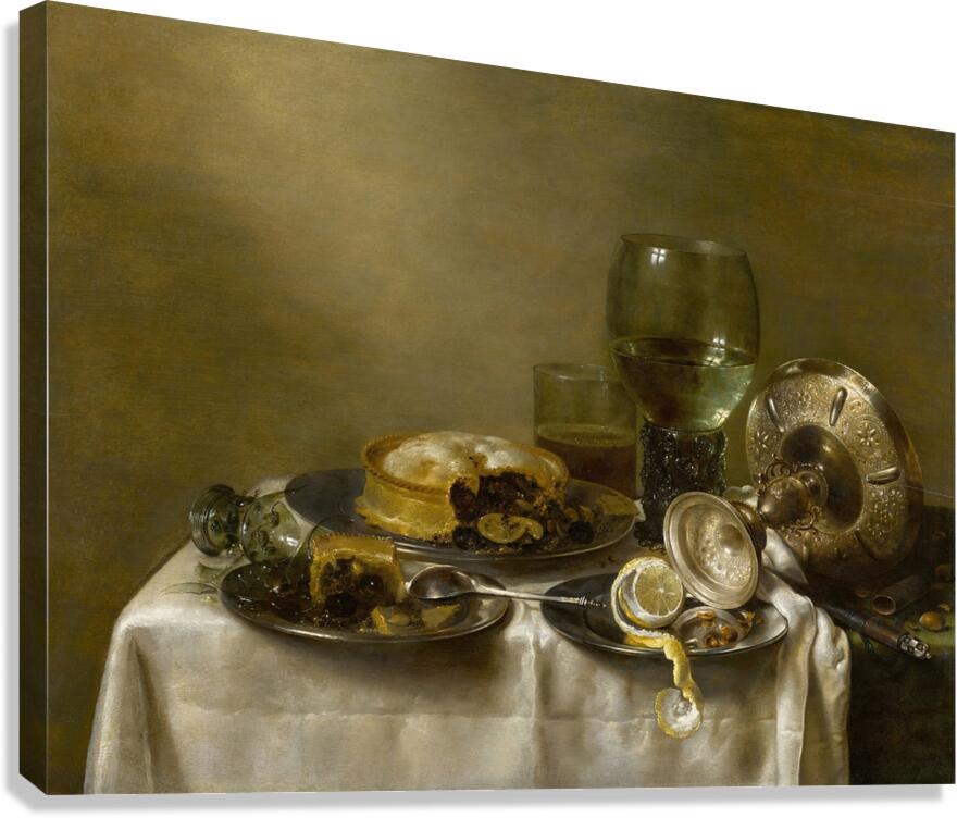 A still life with an overturned silver tazza. Glassware. Pies and a peeled lemon on a table [1633] by Willem Claesz Heda [1594–1680] Canvas Print
